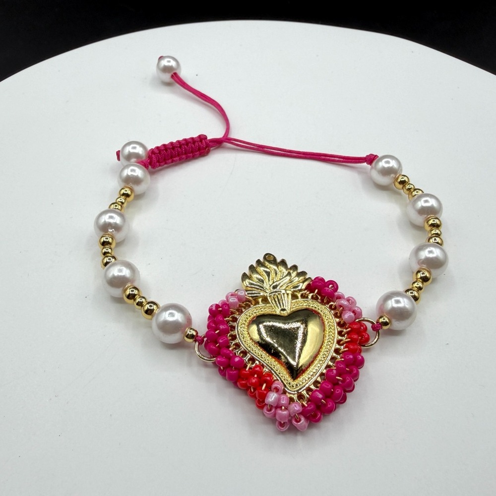Sacred Heart Bracelet Pink Beaded Pearl Adjustable Gold Tone Valentine Boho